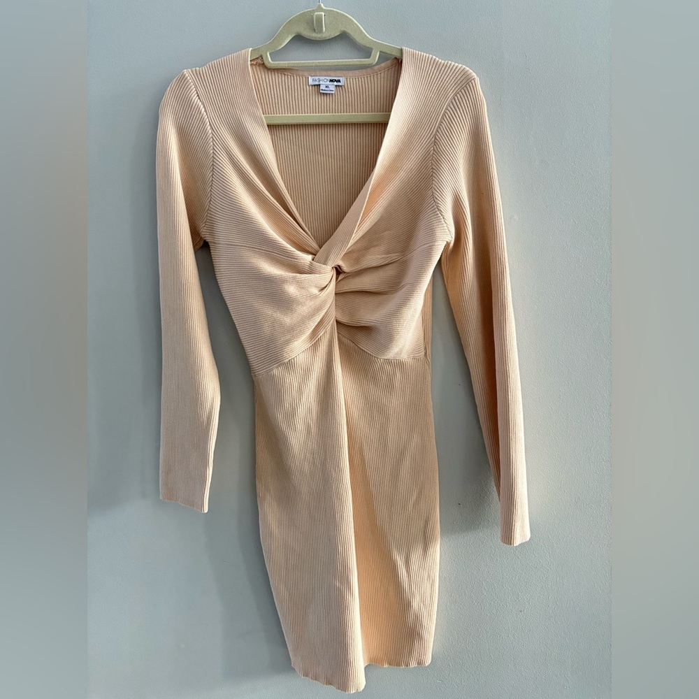 Fashion Nova Elegant Cream Tan Twist-Front Bodycon Sweater Dress